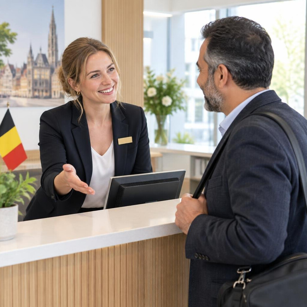 Two people talking at a reception desk