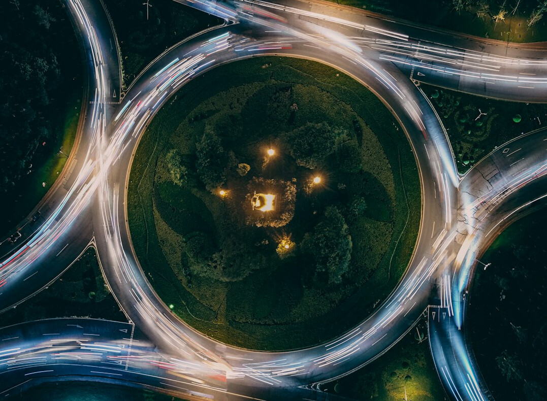 Aerial view of a city roundabout and roads
