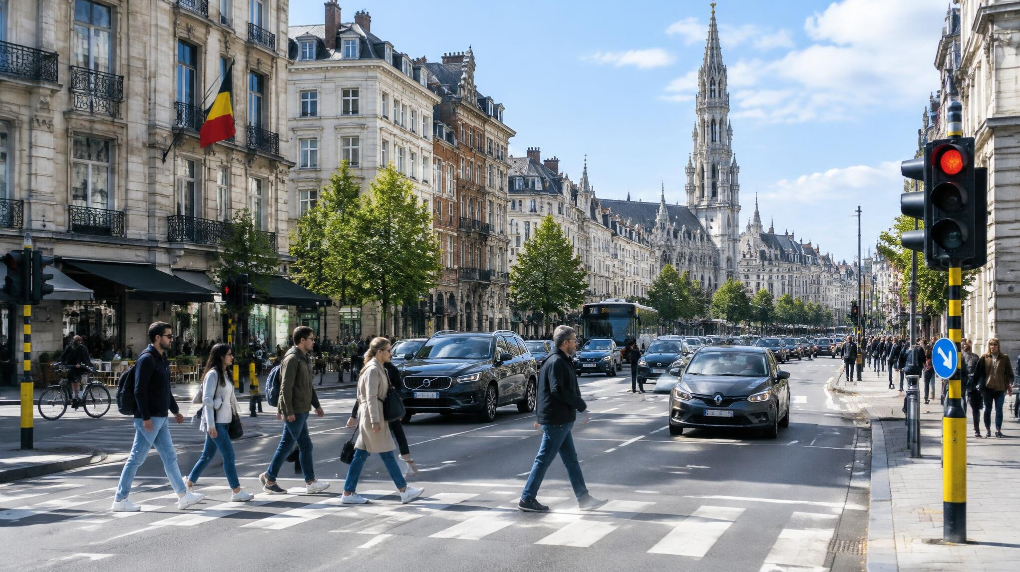 Busy European city street with cars and traffic lights