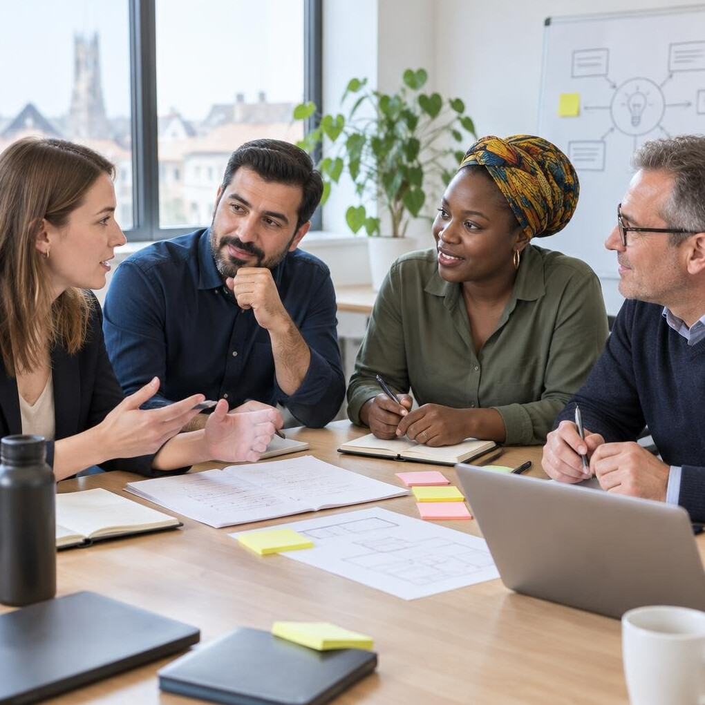 Colleagues in a meeting discussing a project