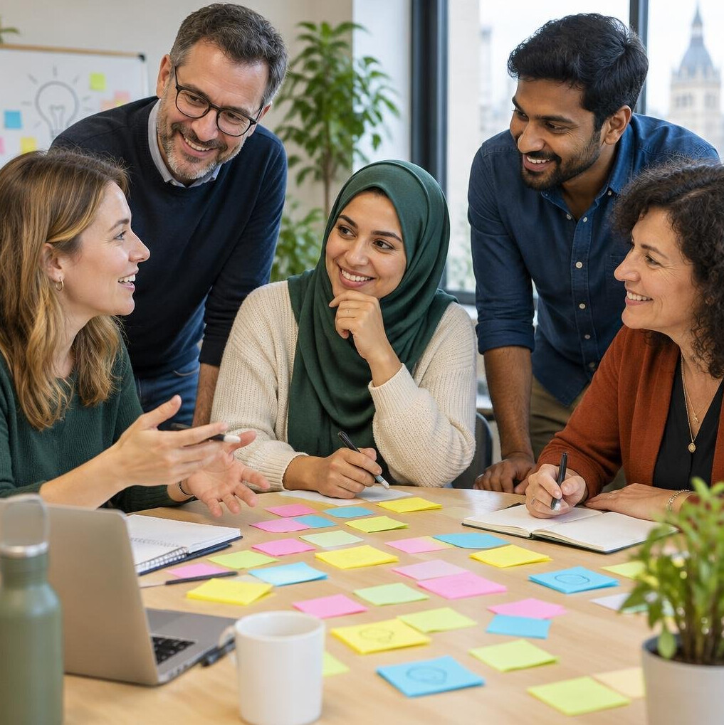 Colleagues brainstorming around a table with notes